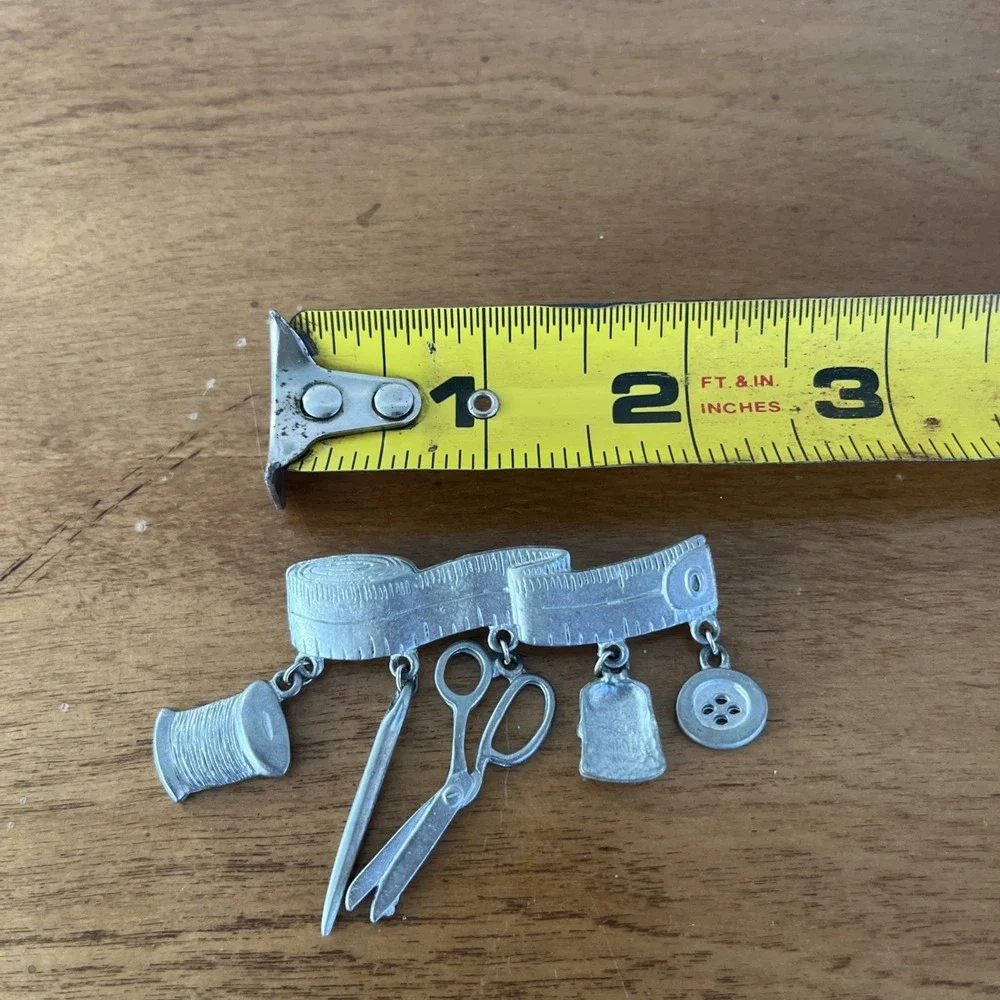 Vintage JJ Pewter Pin Brooch Sewing Charms Spool Thimble Needle Button Scissors